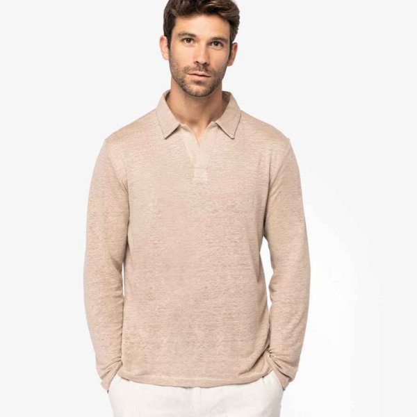 Spasso Long Sleeve Linen Polo Shirt Thumbnail